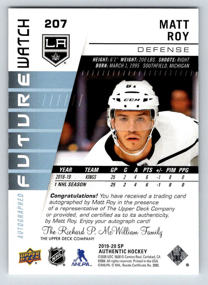 2019-20 SP Authentic #207 Matt Roy FW AU/949* RC 999 (ref 197282) - Image 2 of 2