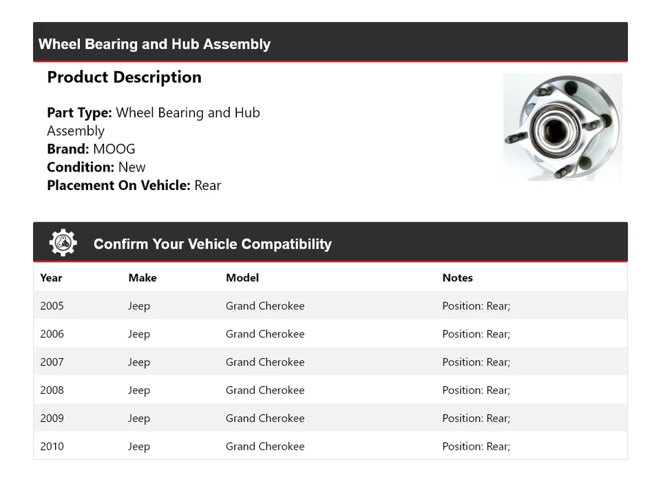 Conjunto de cojinete de rueda y buje trasero MOOG 2005-2010 Jeep Grand Cherokee Foto 2 de 4