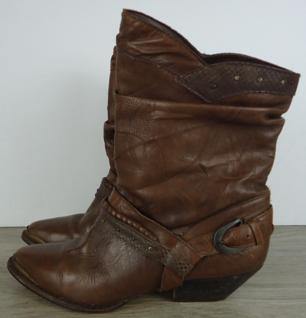 Paolo Fellicce Size 8.5 Leather Southwestern Rockabilly Booties Metal Toe Tips