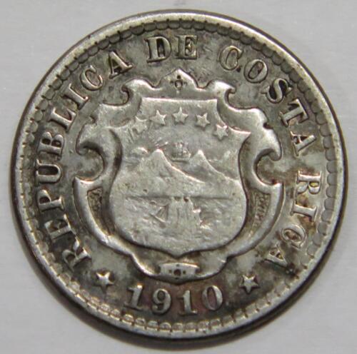 COSTA RICA 1910 10 CENTIMOS COAT OF ARMS AMERICA CENTRAL SILVER WORLD COIN 🌈⭐🌈 - Picture 1 of 2