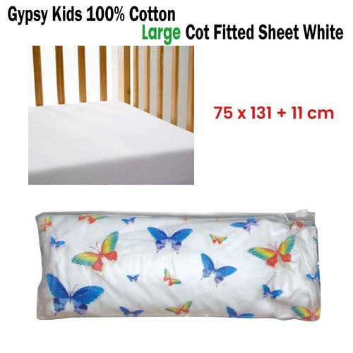 Gypsy Kids 100% Cotton Large Cot Fitted Sheet White 75 x 131 + 11 cm - Picture 2 of 2