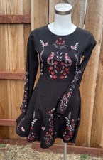 Zizai Floral Birds Embroidered L/S Boho Dress Sz Sm
