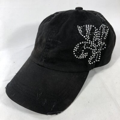 Decky Hat Cap Strapback Black Silver Adjustable Adult Rhinestones DISCOLORED