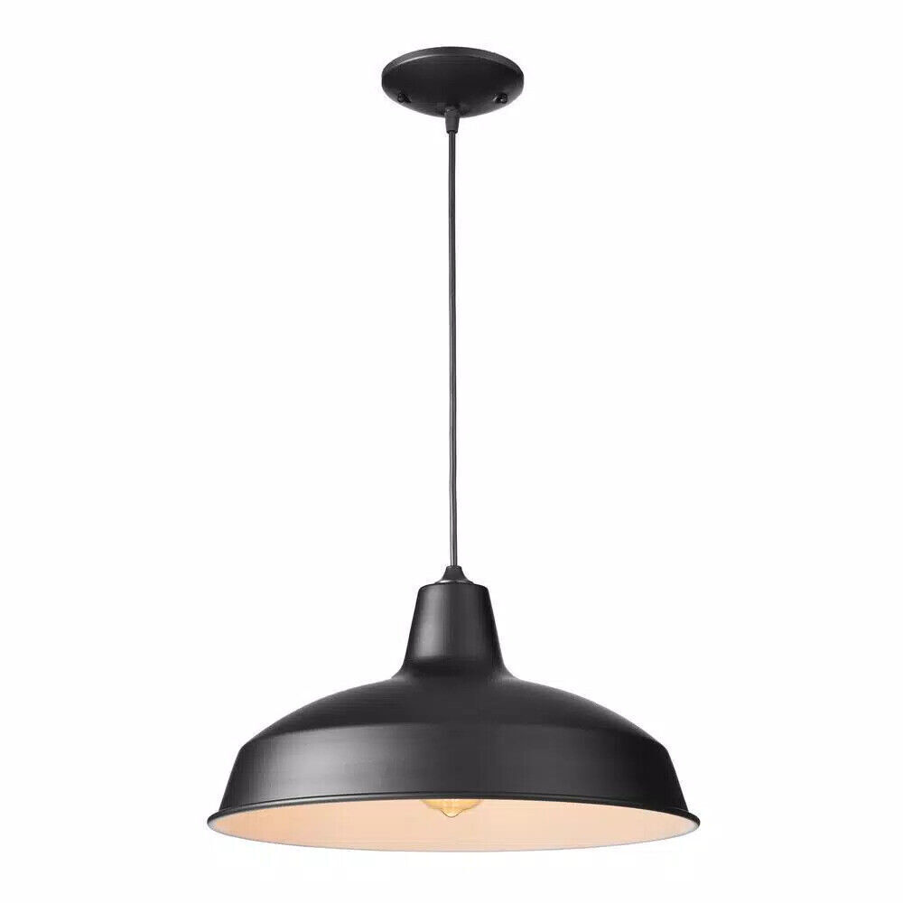 Hampton Bay 1-Light Black Warehouse Pendant Hanging Light wi
