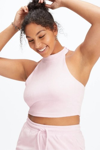 FABLETICS Bra Halter Tank Womens L Terry Built-In Racerback Mock Neck Crop NWT