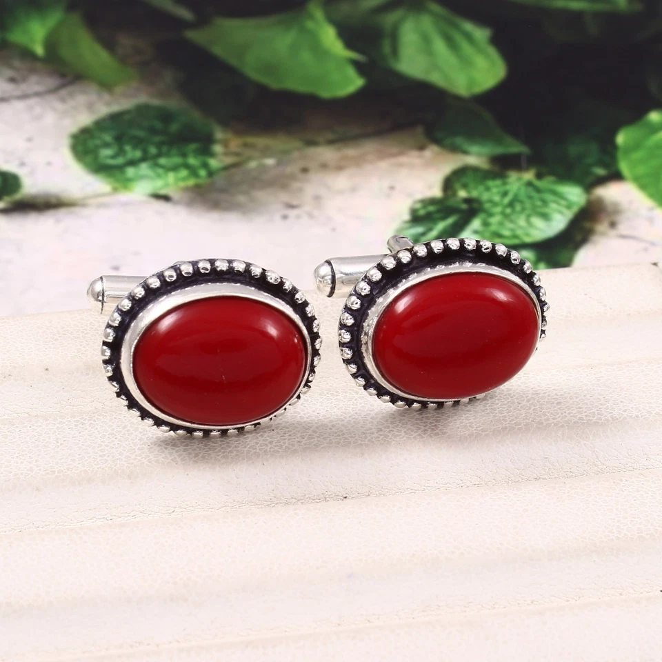 925 Пробы натуральный красный коралл драгоценных камней ювелирных изделий ручной работы запонки - Изображение 2 из 3