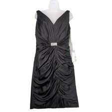 Vtg Jade Couture Black Satin Cocktail Dress, Sz 12 Plunge V-Neck Rhinestone Glam