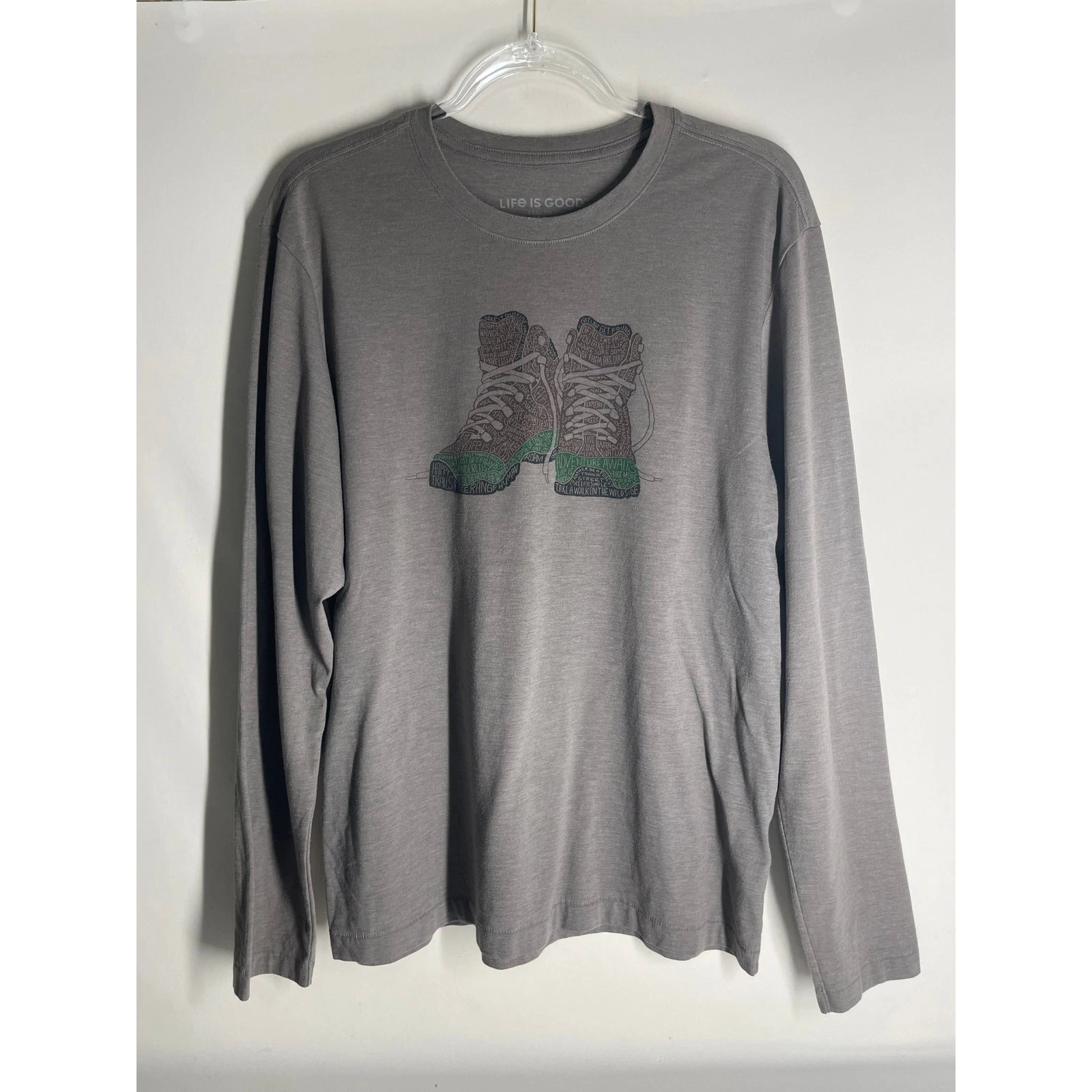 Life is Good Hiking Boots Long Sleeve Gray Cool Tee Size Medium Men's