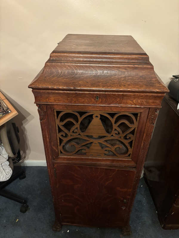 Antique Wooden Phonograph Cabinet with Drawer, Edison Cylinder Record Storage
