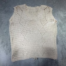 Vintage 70s Crochet Sweater Vest Cream Cotton Boho Knit Sleeveless V-Neck Large
