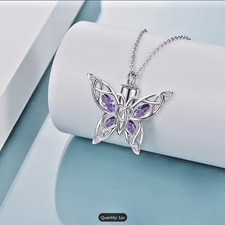 PURPLE BUTTERFLY CREMATION URN ASHES pendant 24"plated 925 Sterling Silver Chain