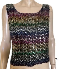 Vtg 1960s Black Sequin Sleeveless Top Blouse Rainbow Design Cocktail Mod Go Go