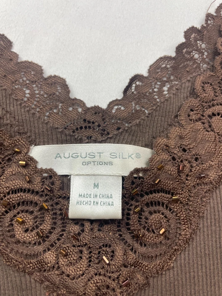 Camiseta sin mangas August de seda talla mediana marrón cuello en V ribete de encaje acanalado años 90 informal Foto 2 de 4