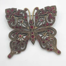 Sweet Romance Brooch Butterfly Gold Tone Red Rhinestone MISSING 2 STONES