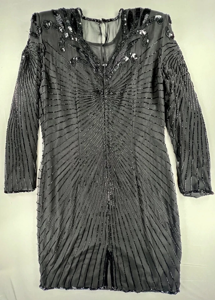 Новый с Ярлыками винтажный Stenay черный блестками бисером длинным рукавом платье (размер 14) - 100% шелк - Изображение 2 из 4