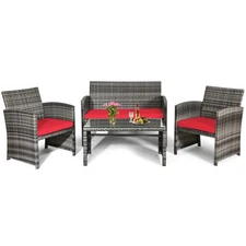 Patiojoy 4PCS Patio Rattan Furniture Set Glass Table Top Cushioned Sofa Red