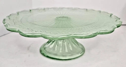 Vintage Art Deco Green Decorative Depression Glass Round Pedestal Plate Scallop