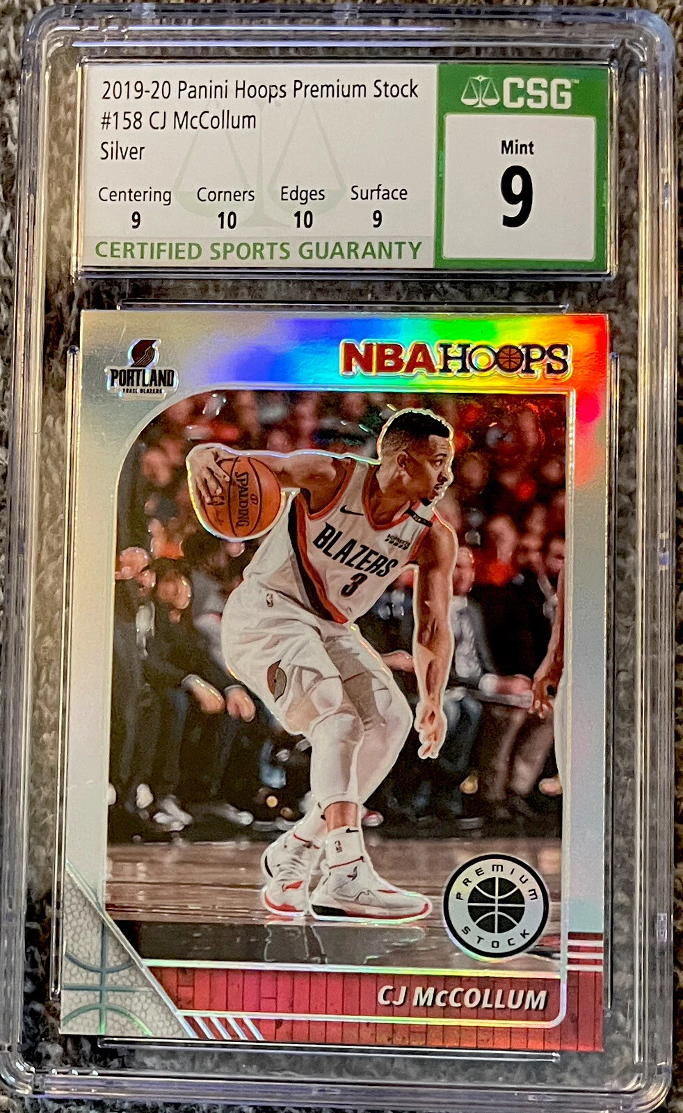 2019-20 Panini Hoops Premium Stock #158 CJ McCollum Silver Prizm CSG 9 Mint