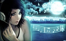 Anime girls black hair headphones blue Playmat Game Mat Desk