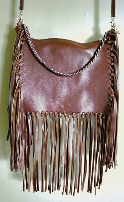 LARGE LAGGO CROSSBODY FRINGED BAG DARK BROWN EXTRA STRAP   12'' L X 9 1/2'' W
