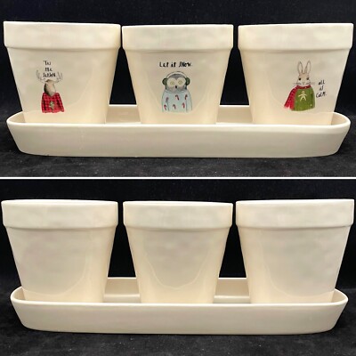 Rae Dunn 2017 Rare Christmas Planter Trio TIS THE SEASON*LET IT SNOW*ALL IS CALM