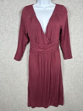 Maeve Medium Womens Dress Low Cut V-Neck Burgundy Stretch Faux Wrap Knee Length
