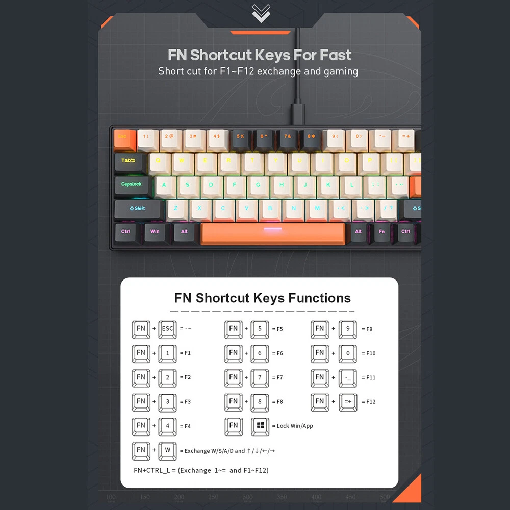 68-Key Mechanical Keyboard with FN Shortcuts and Full Anti-Ghosting I8S8