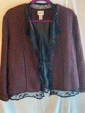 Chico's Women's Red/Black Metallic Tweed Blazer  Black/Beaded Lace Trim Size 2