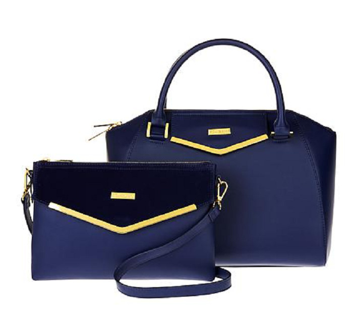 JOY - IMAN Couture Leather Satchel - Clutch with Velvet Detail - Navy