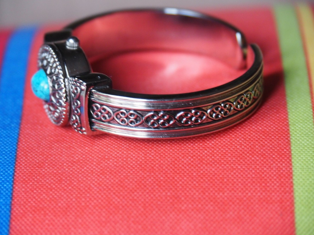 Faux TURQUOISE Silver Tone Band Japan Movements Bracelet  display picture 2