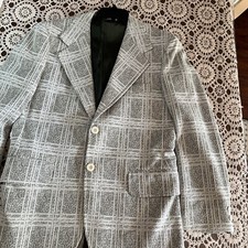 Vintage '70's Polyester Double Knit Blazer Green White Plaid Chest 42"