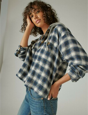 LUCKY BRAND BLUE CROPPED PLAID HOODIE 