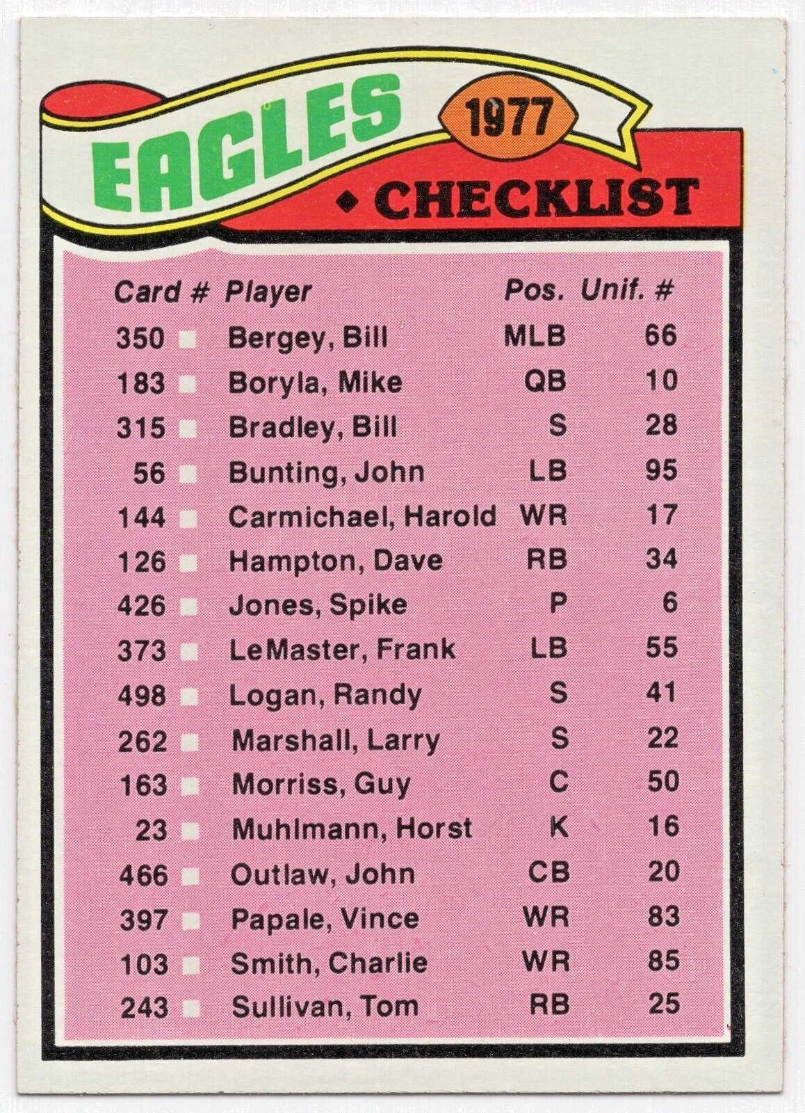DKG049 1977 Topps #221 Philadelphia Eagles/Team Checklist