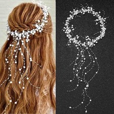 Pearl Bridal Headband Silver Pearl Tassel Wedding Hair Accessories Prom Headp...