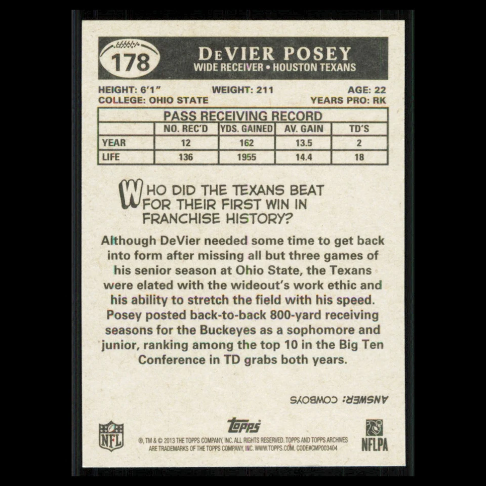 DeVier Posey #178 2013 Topps Archives Houston Texans Football Card NFL NM - Image 2 of 3