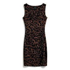 Ralph Lauren Leopard Print Sheath Dress Ruched V Neck Brown Sleeveless Size 2