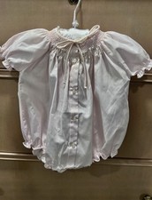 Pale Pink Embroidered Flower Smocked Girls Bubble Romper Ruffles NB 0-3 VINTAGE