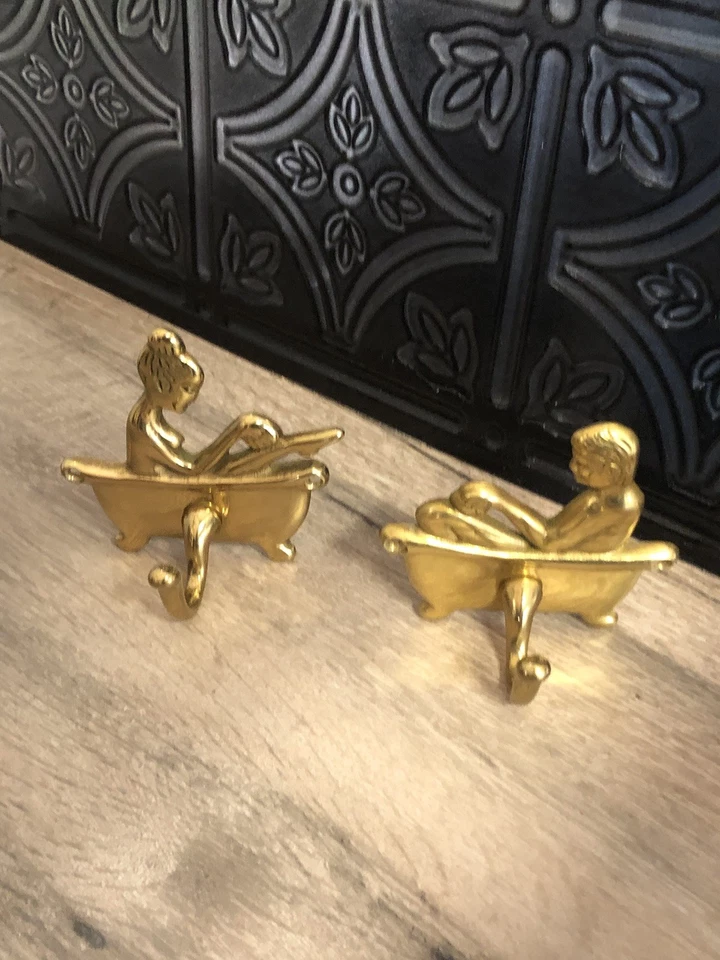 2 Vintage Brass Bathroom Hooks Bathing In Tub Robe Towel Hook His & Hers - Image 4 of 4