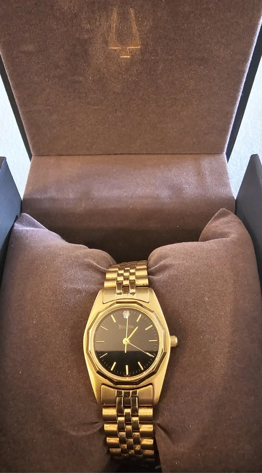 Bulova Gold Tone Womens Watch Round 24mm 92F82 W/ Black Dial - Image 3 of 4