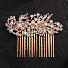 Gold Flower Pearl Bridal Hair Comb Crystal Rhinestone Side Comb Floral