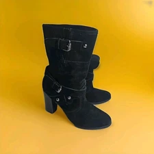 Crown Vintage Black Suede Leather Mid Calf 4"heels Zipper Boots 7M