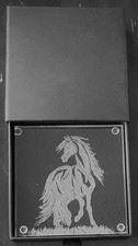 HAND ENGRAVED Glass Coaster w/ WILD HORSE Image FREE SHIPPING One of a Kind