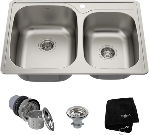 KRAUS 33 Inch Topmount 60/40 Double Bowl 18 Gauge St Satin-Certified Refurbished