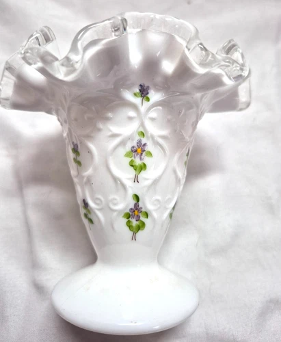 Fenton Milk Glass Vase Artist Signed Violets in the Snow Spanish Lace Pattern