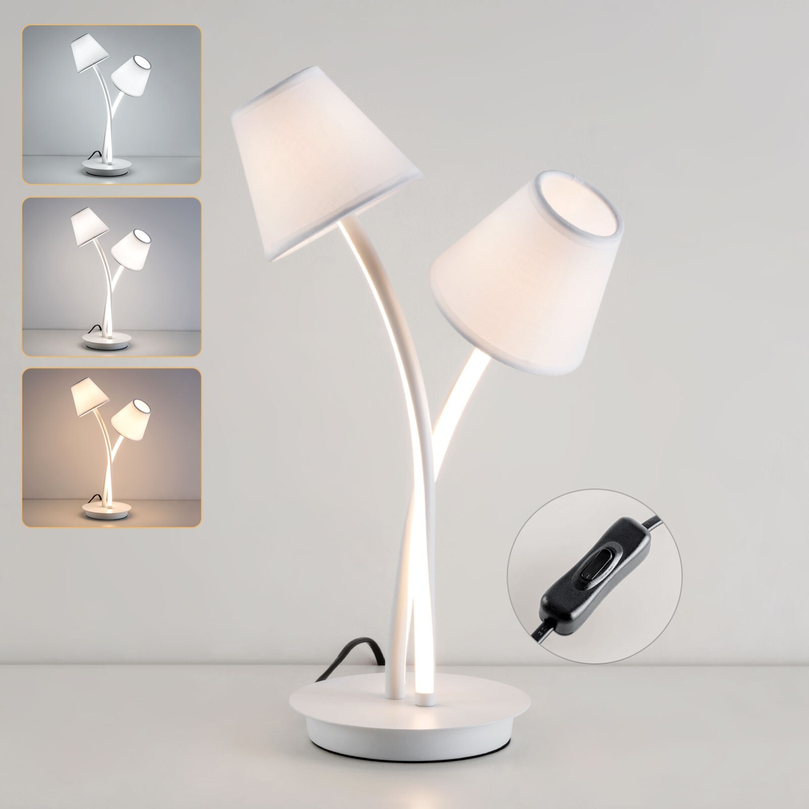Harper Living LED Table Lamp, Bedside Table Light with 2 Vintage Lampshades in White - Image 2