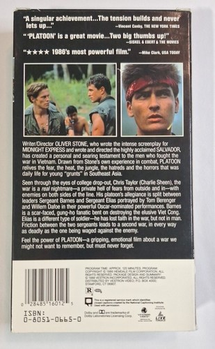 Platoon VHS Tape Tom Berenger Charlie Sheen Willem Dafoe Johnny Depp - Picture 3 of 5
