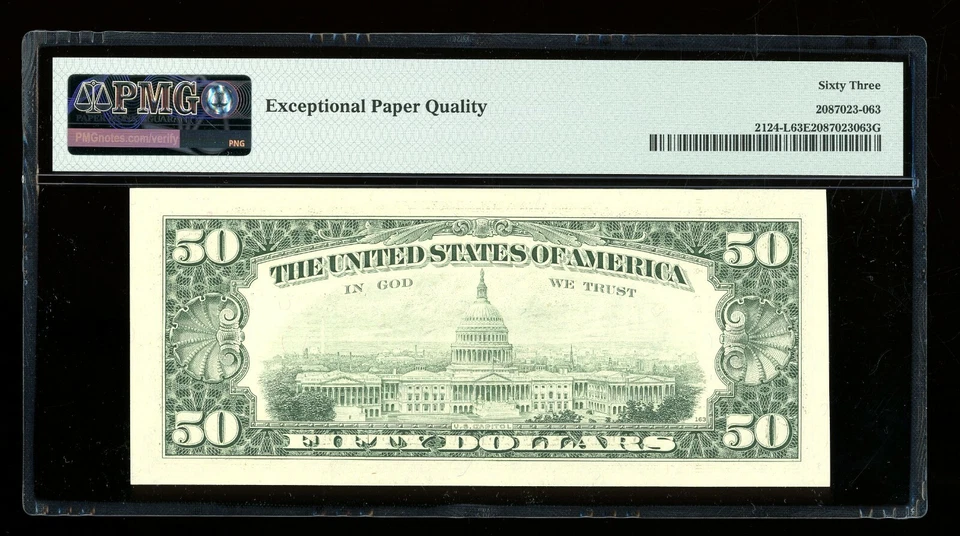 DBR 1990 $50 FRN San Francisco Fr. 2124-L PMG 63 EPQ Serial L31063627A - Image 2 of 2