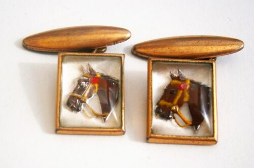 L920) Vintage Art Deco carved glass back painted horse chain linked cufflinks - Afbeelding 1 van 2