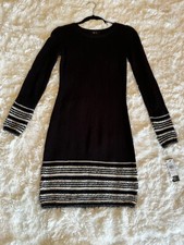 BCX Womens Size S Sweater Dress Black & White Stripe Mini Jewel Neck Long Sleeve