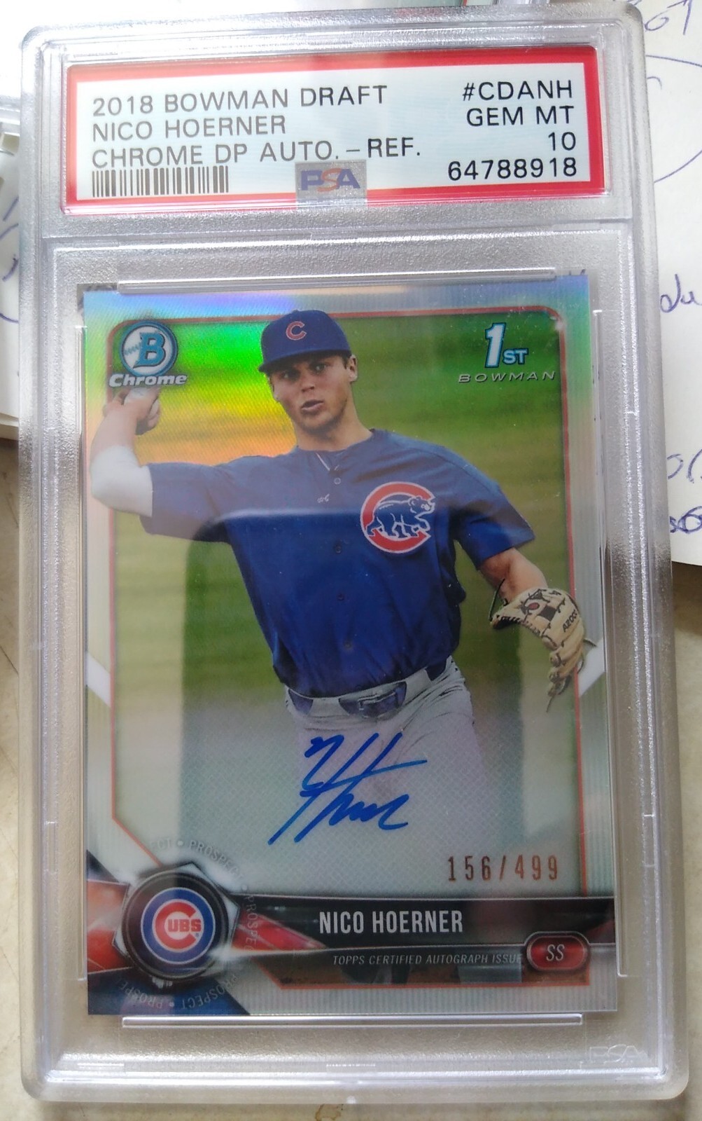PSA 10 - 2018 Bowman Draft 1st Chrome NICO HOERNER REFRACTOR RC AUTO #/499 Cubs